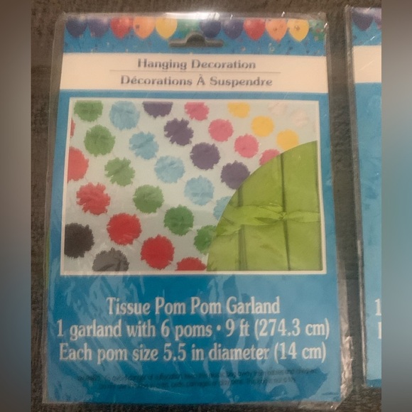 Pom Pom Garlands, Yellow, Green, Blue, 9ft long each, NWT, 6 Poms on each strand - Picture 2 of 3